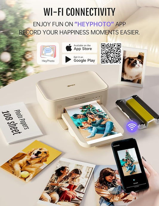 4x6 Photo Printer, CP4100 Photo Printer for iPhone & Android with 108 Sheets & 2 Cartridges, Wi-Fi Wireless Portable Picture Printer, Instant Print Photos, Dye Sublimation, Beige