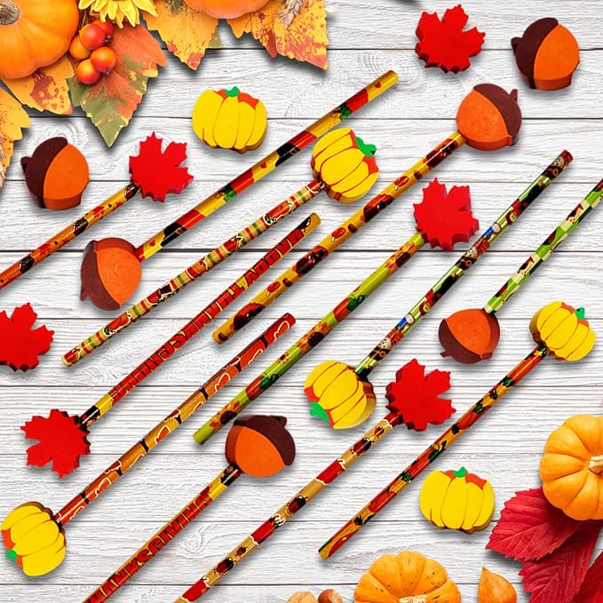 Fall Pencils Thanksgiving Pencil Halloween Pencils with Giant Maple Leaves Pumpkins Scarecrow Eraser Fall Stationery Pencil for Thanksgiving Party Favor(36)
