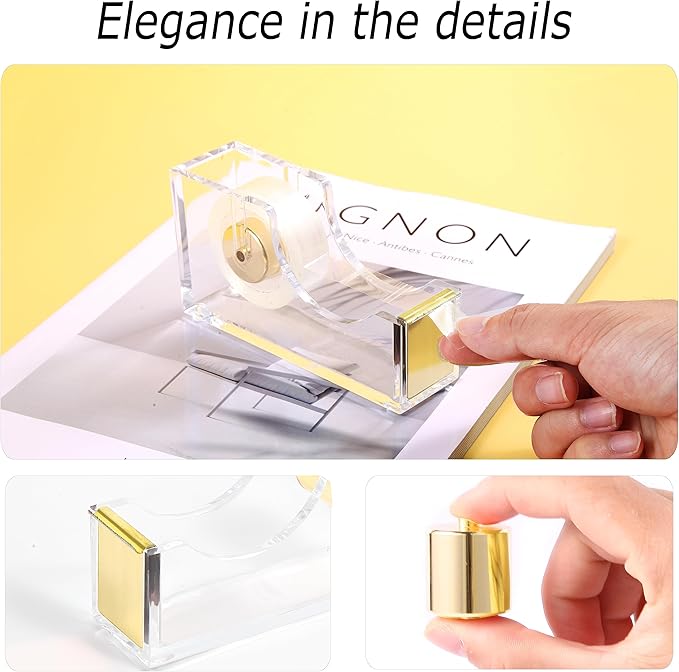Famassi Gold Desk Accessories，Office Supplies Set Acrylic Stapler Set Staple Remover, Tape/Pen Holder, 2 Ballpoint Pen, Scissor, Binder/Paper Clips and 1000pcs Staples.