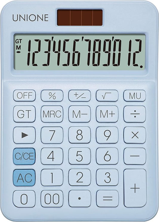 UNIONE Calculator with a Bright LCD, Dual Power Handheld Desktop. Color. Business, Office, High School… (Blue)