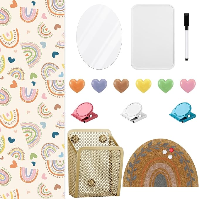 Harloon 15 Pcs Locker Decoration and Organizer Kit Locker Wallpaper Magnetic Pen Holder and Mirror Whiteboard Marker Cork Board with 3 Push Pins 3 Magnetic Clip 6 Magnets(Bohemian Love Rainbow)