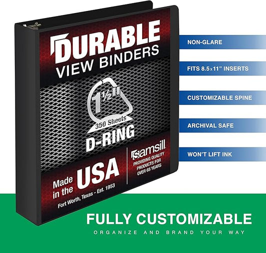 Samsill Durable 1.5 Inch Binder, Made in The USA, D Ring Binder, Customizable Clear View Cover, Charcoal Black, Holds 350 Pages