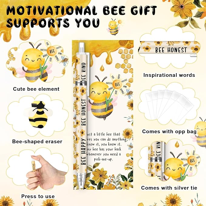 60 Sets Inspirational Bee Gifts Bulk 6 Styles 0.7 mm Motivational Mechanical Pencils with Erasers Positive Cards Back to School Gifts for Student Teacher Coworker Office Supplies