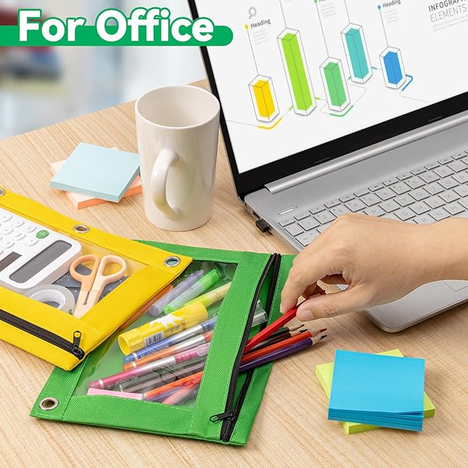 Pencil Pouch for 3 Ring Binder, Bulk 288 Pack 3-Holes Zipper Pencil Pouches in Assorted Colors, Sturdy and Durable Cloth Pencil Holder with Clear Window for Office School College Supplies