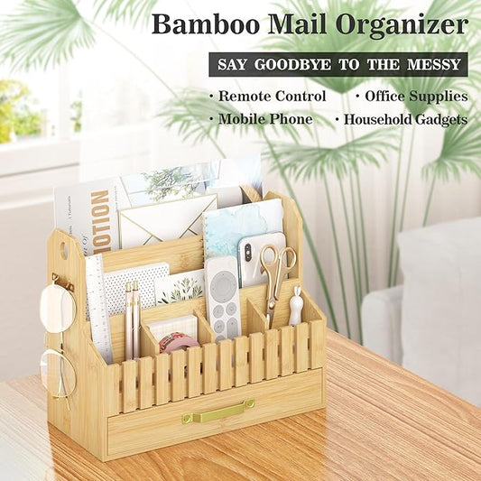 Bamboo Mail Organizer Countertop with Drawers, Wood Desk File Organizer Desktop Paper Organization Storage Bill & Letter Sorter Holder for School Home Office Supplies, No Assembly Required (Nature)