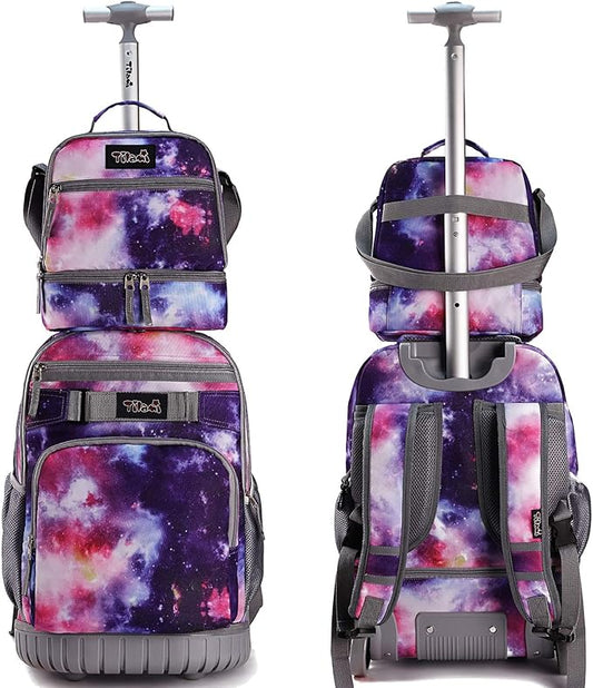 Tilami Rolling Backpack 19 inch with Lunch Bag Wheeled Laptop Backpack, Galaxy Purple