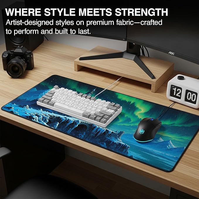 MPCO. Dark Fantasy Large Gaming Desk Pad - 36" x 17" Aeroglyde Fabric Whispers of The Northern Sky Desk Mats - Non-Slip, Washable, Smooth Glide for Precision Gaming & Work