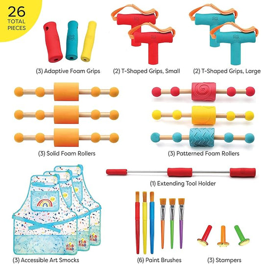 The Kind Mind Company™ Adaptive Art Class Bundle – Complete Set with Foam Grips, Brushes, Rollers, Smocks & Tool Holder – Inclusive Art Supplies for Kids & Adults with Mobility Challenges