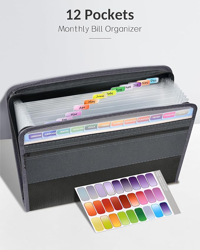Sooez Accordion File Organizer with Safe Zipper, 12 Pocket Expanding File Folder with Front Pencil Pouch, Portable Monthly Paper Bill Tax Receipt Organizer, School Office Supplies, Letter Size, Grey