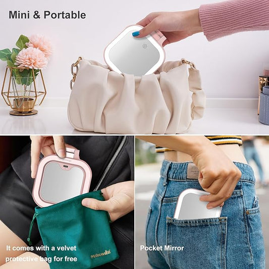 Mocado Compact Travel Makeup Mirror, 1X/30X Magnifying Mirror with Light, Double Sides Compact Mirror with 3 Color Light, Dimmable Handheld Mirror, Rechargeable Travel for Purse,Pocket(Pink)