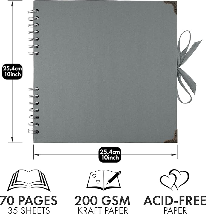 Bstorify 10 x 10 Inches Scrapbook Album 70 Pages Grey Thick Kraft Paper Corner Protectors, Ribbon Closure - Ideal for Your Scrapbooking, Art & Craft Projects (Grey, 10 x 10 Inch)