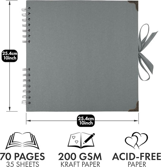 Bstorify 10 x 10 Inches Scrapbook Album 70 Pages Grey Thick Kraft Paper Corner Protectors, Ribbon Closure - Ideal for Your Scrapbooking, Art & Craft Projects (Grey, 10 x 10 Inch)