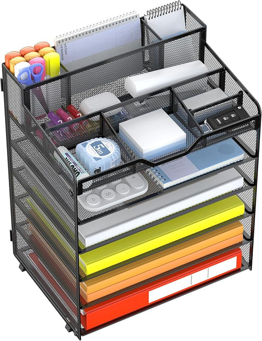 Docnest 6 Tier Mesh Desk Organizer for Paper Office Supplies – Multi-Functional Letter Tray with 5 Adjustable Compartments, 3 Pen Holders, Desktop Storage for Files, Mail, Stationery – Black