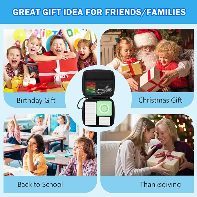 Green Mini Pocket Printer with Black Case, Thermal Printers with 10 Rolls Thermal Paper, Portable Photo Printer for Travelling, Journal, Memo, Photo, Study Notes, Shopping Lists