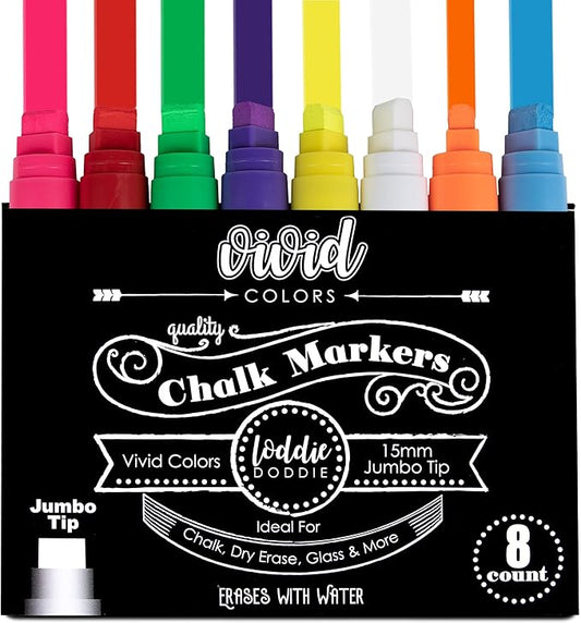 Loddie Doddie Jumbo Chalkboard Markers Pack - 8 Count Multicolor 15mm Chisel Tip - Erasable Neon Liquid Chalk Markers for Glass, Blackboard & Signs
