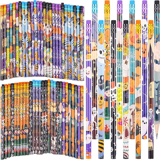 Kolewo4ever 200 Pieces Halloween Pencils Ghost Pumpkin Wood Pencils with Eraser Tops,Assortment Halloween Stationery Pencil for Halloween Party Favors, 12 Styles (200)