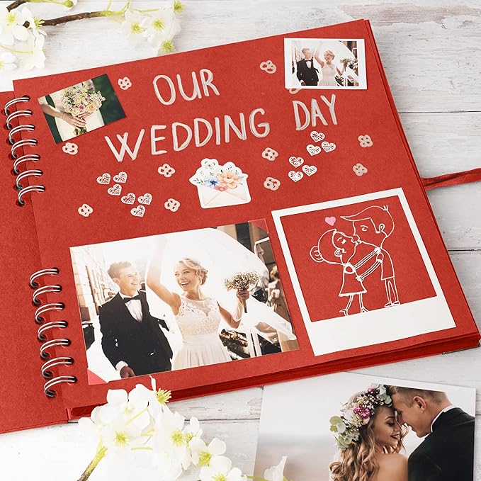 Bstorify 10 x 10 Inches Scrapbook Album 70 Pages Red Thick Kraft Paper Corner Protectors, Ribbon Closure - Ideal for Your Scrapbooking, Art & Craft Projects (Red, 10 x 10 Inch)