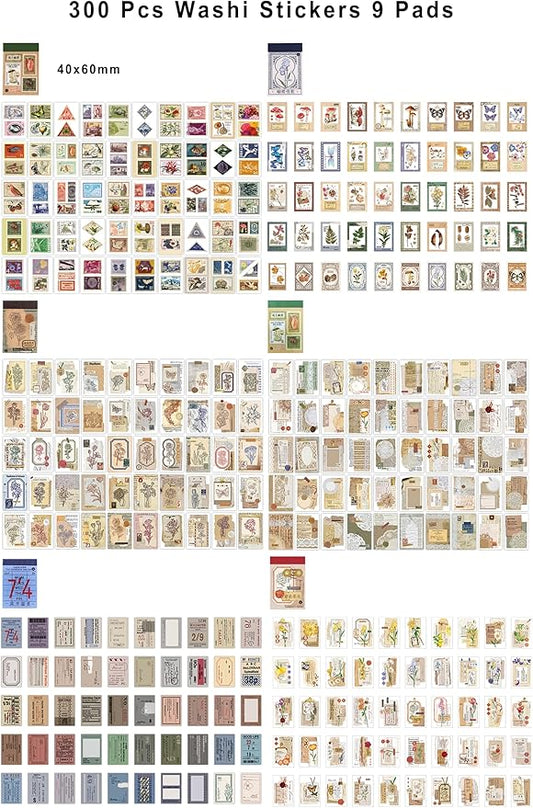 6 Sets 300 Pcs Washi Stickers Book, Vintage Aesthetic Sticker Set for Journaling Scrapbook Decoration Bullet Journal,Stamps Flowers Ticket Theme Stickers for Art Diary Craft Planner