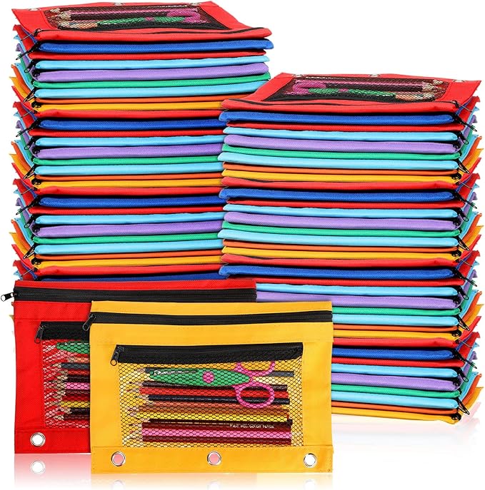Zhehao 150 Pieces Zipper Binder Pencil Pouches 3 Ring Binder Zipper Pouches Case with Window Ring Pencil Bags Case or Office School Students Supplies(2 Zipper,Colorful)
