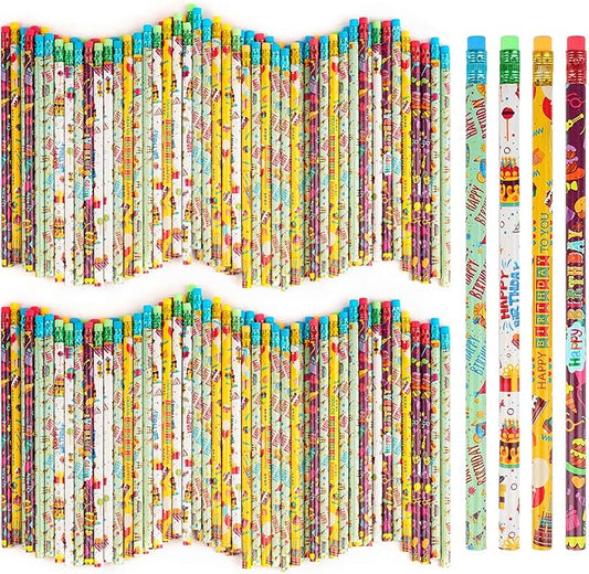 Kolewo4ever 200 Pieces Happy Birthday Pencils Colorful Printed Birthday Pencils with Top Erasers for Teachers Classrooms Reward Birthday Party Kids Gifts Supplie