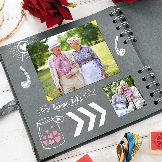 Bstorify Square Scrapbook Photo Albums 7 x 7 Inch Grey Hardcover with Ribbon Closure - Ideal for Scrapbooking, Art & Craft Projects