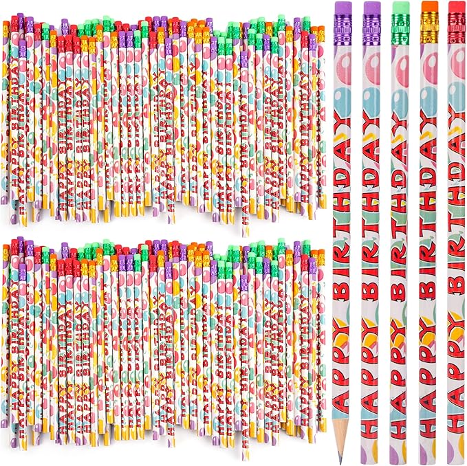Kolewo4ever 200Pcs Happy Birthday Pencils Colorful Printed Pencils for Students Happy Birthday Teacher Pencil Classroom with Top Erasers for Kids Birthday Party Supplies Favors