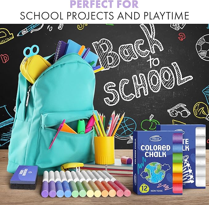 Dustless Chalkboard Chalk - Set of 12 Colored & 12 White Chalk Sticks - Sketching, Drawing, Writing Supplies for Classroom, Home Schooling, Cafe Menu, Sidewalk Art
