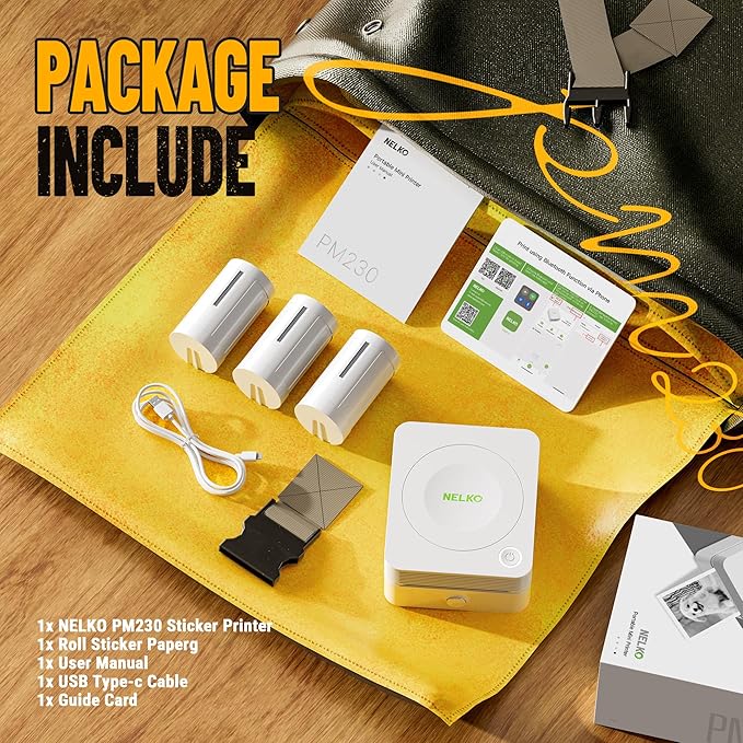 Nelko Sticker Printer, PM230 Print Pod Mini Bluetooth Portabel Sticker Maker with 3 Rolls Paper, Print Pods Mini Printer with Multiple Templates for Phone & Tablet，for School Office Home, White