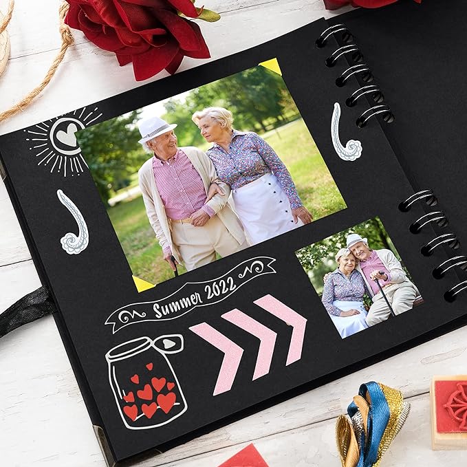 Bstorify Square Scrapbook Photo Albums 36 Pages (7 x 7 inch) Black Thick 250gsm Kraft Paper Scrap Book, Memory Book, Ribbon Closure - Ideal for Your Scrapbooking Albums, Art & Craft Projects