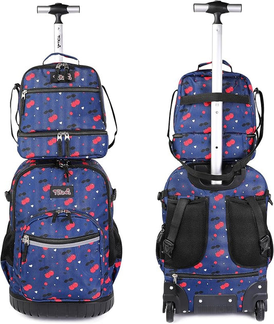 Tilami Rolling Backpack 19 inch with Lunchbox Wheeled Laptop Backpack, Cherry Blue