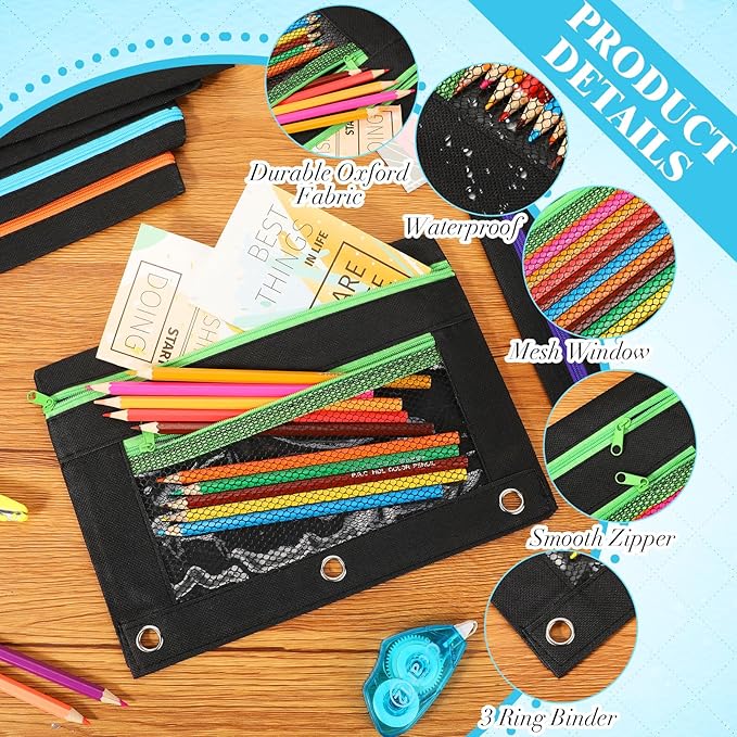 Zhehao 150 Pieces Zipper Binder Pencil Pouches 3 Ring Binder Zipper Pouches Case with Window Ring Pencil Bags Case or Office School Students Supplies(2 Zipper,Black)