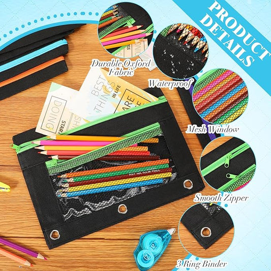 Zhehao 150 Pieces Zipper Binder Pencil Pouches 3 Ring Binder Zipper Pouches Case with Window Ring Pencil Bags Case or Office School Students Supplies(2 Zipper,Black)