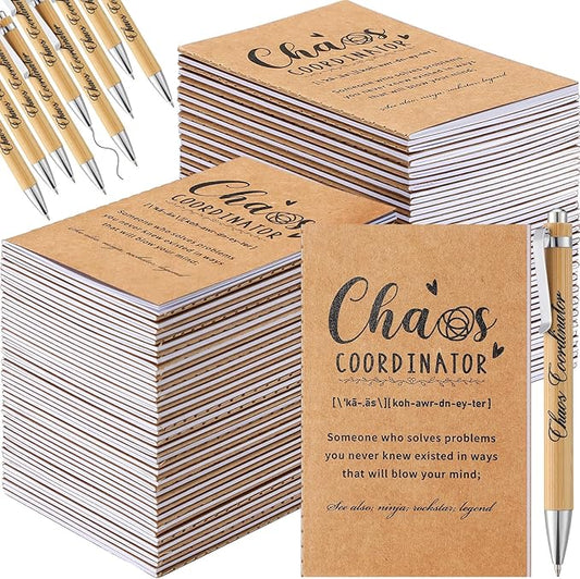 Sabary 100 Pcs Back to School Gifts Inspirational Notepads Ballpoint Pens Sets Mini Motivational Pocket Notebooks Journals Bulk Teacher Appreciation Presents for Office Supplies(Chaos Coordinator)
