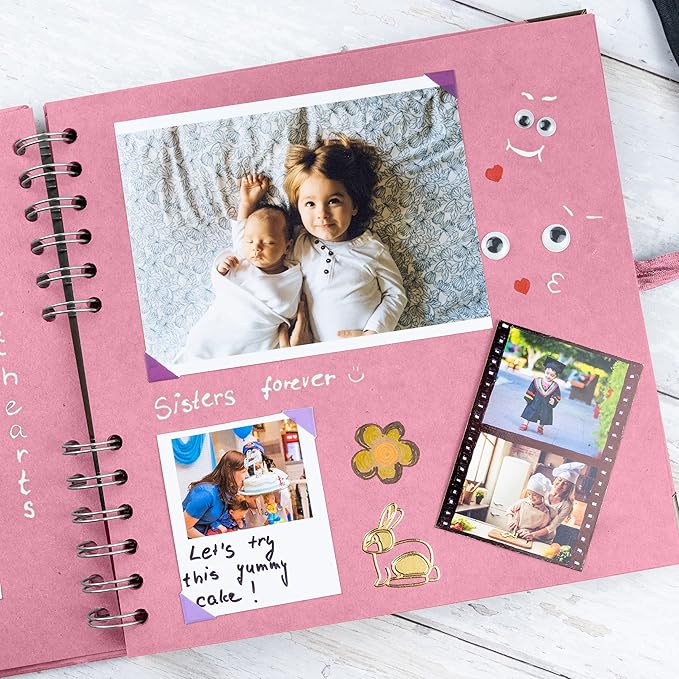Bstorify Square Scrapbook Photo Albums 8 x 8 Inch Pink Thick Paper, Hardcover, Metal Corners, Ribbon Closure - Ideal for Your Scrapbooking Albums, Art & Craft Projects