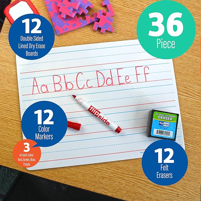 Flipside Products 9" x 12" Two Sided Dry Erase Red & Blue Lined, Color Markers and Erasers, Ruled, Learn to Write, Writing Practice, Pack of 12