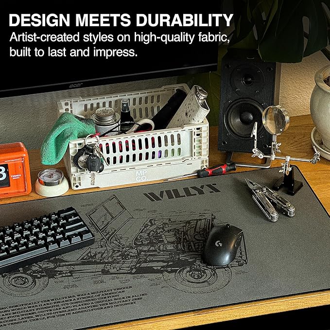 MPCO. Blueprints Large Gaming Desk Pad - 36" x 17" Duraglyde Fabric Willys Jeep – Green Desk Mats - Non-Slip, Washable, Smooth Glide for Precision Gaming & Work