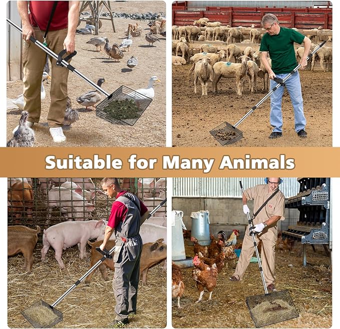 Extra Large 15" Metal Chicken Poop Scooper with Ergonomic Grip, 5-in-1 Adjustable Detachable Chicken Coop Accessories(24" to 76"), Multifuctional Litter Sifting Shovel with Stainless Steel Handle