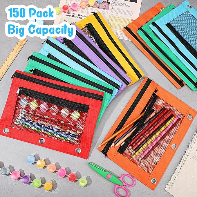 Zhehao 150 Pieces Zipper Binder Pencil Pouches 3 Ring Binder Zipper Pouches Case with Window Ring Pencil Bags Case or Office School Students Supplies(2 Zipper,Colorful)