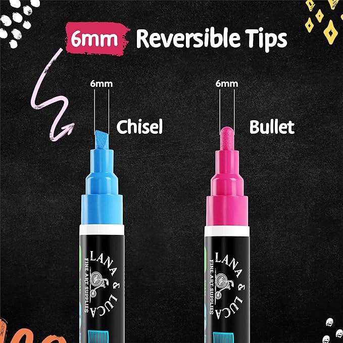 LANA & LUCA Liquid Chalk Markers for Blackboards - Bold Color Dry Erase Marker Pens - Chalk Markers for Chalkboards Signs, Windows, Blackboard, Glass - 6mm Reversible Tip (20 Pack)
