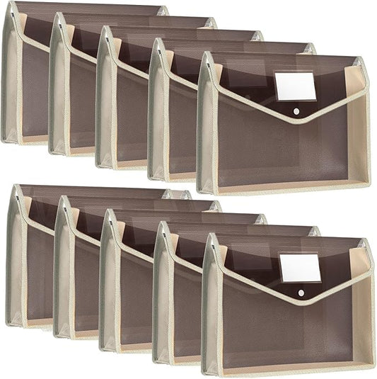 10 Pieces Plastic File Folders Envelope Expanding File Wallet Organizer Documents Folder with Snap Closure and Pocket, A4 Size Waterproof Transparent Pouch(Khaki,Horizontal)