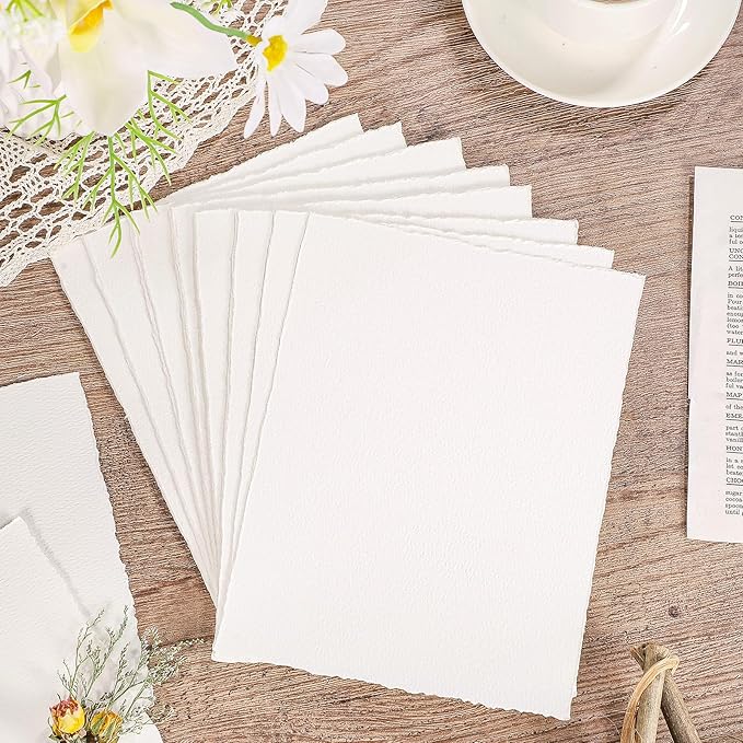 Prudiut 25 Sheets Watercolor Paper, 300 GSM Deckled Edge Paper 6 x 8 inch Rough/Textured Handmade Paper Cotton Paper White Textured Paper for Watercolors, Wedding Invitations, Cards, Crafts
