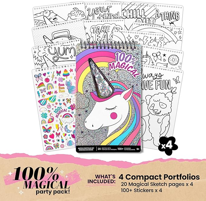 Fashion Angels Unicorn Sketch Portfolio Set Bundle, Bulk Pack of 4 Unicorn Design Sketch Books, Ideal Gift & Party Favor for Girls, Kids, Tweens