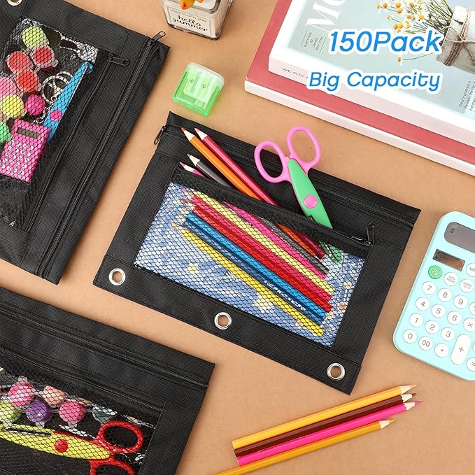 Zhehao 150 Pieces Zipper Binder Pencil Pouches 3 Ring Binder Zipper Pouches Case with Window Ring Pencil Bags Case or Office School Students Supplies(2 Zipper,Full Black)