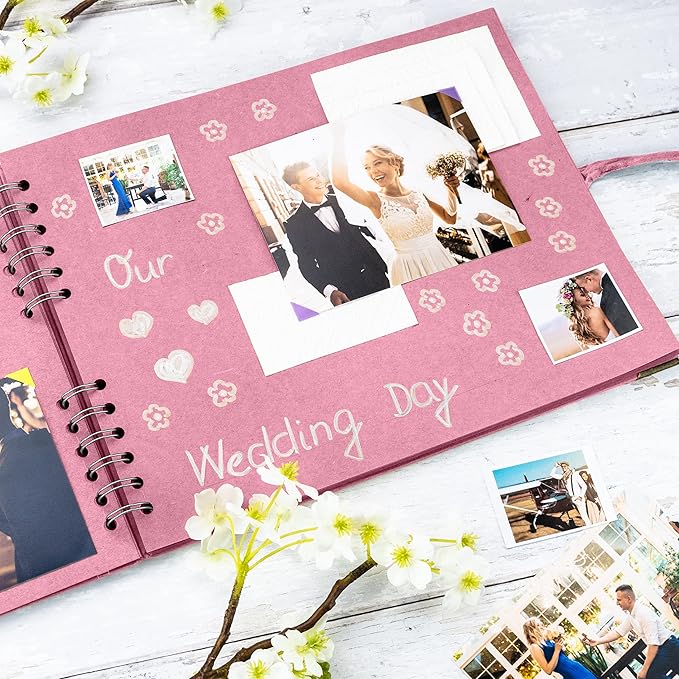 Bstorify Square Scrapbook Photo Albums 50 Pages (11 x 8.5 Inch) Pink Thick Paper, Hardcover, Ribbon Closure - Ideal for Your Scrapbooking Albums, Art & Craft Projects (Pink, 11 x 8.5 Inch)