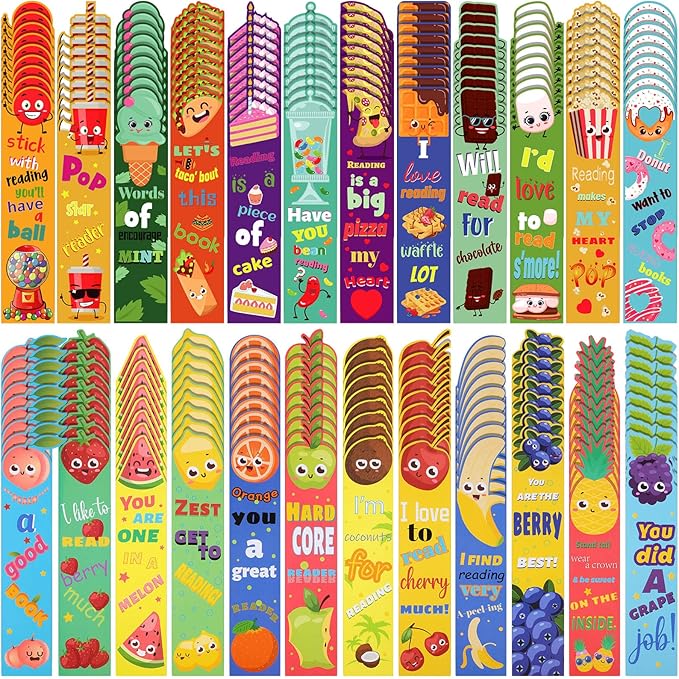 Geyee 216 Pcs Fruit Scented Bookmarks Scratch and Sniff Bookmarks Fun Classroom Smelly Bulk for Kids Students Teens School, 24 Styles