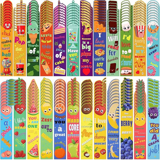 Geyee 216 Pcs Fruit Scented Bookmarks Scratch and Sniff Bookmarks Fun Classroom Smelly Bulk for Kids Students Teens School, 24 Styles