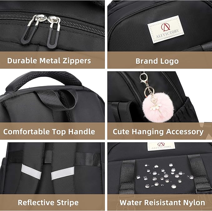 AO ALI VICTORY School Backpack for Girls Women 15.6 Inch Laptop Backpacks College Bookbag Cute Kids Elementary Middle High School Bag with Lunch Box Set for Teens Students Travel Daypack, Black Set