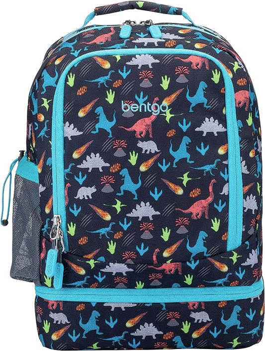 Bentgo Kids 2-in-1 Backpack & Insulated Lunch Bag - Durable 16” Backpack & Lunch Container in Unique Prints for School & Travel - Water Resistant, Padded & Large Compartments (Dinosaur)