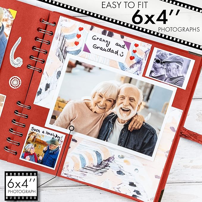 Bstorify Square Scrapbook Photo Albums 8 x 8 Inch Red Thick Paper, Hardcover, Metal Corners, Ribbon Closure - Ideal for Your Scrapbooking Albums, Art & Craft Projects
