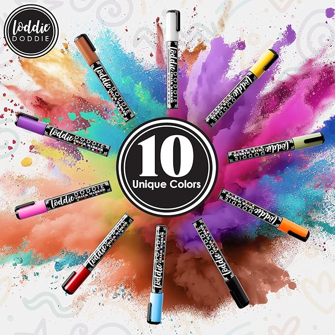 Loddie Doddie Chalk Markers for Blackboard & Windows - 10 Count Earth Tones 6mm Chisel & Bullet Tip - Smudge-Proof Erasable Liquid Chalk Pens with Reversible Tips